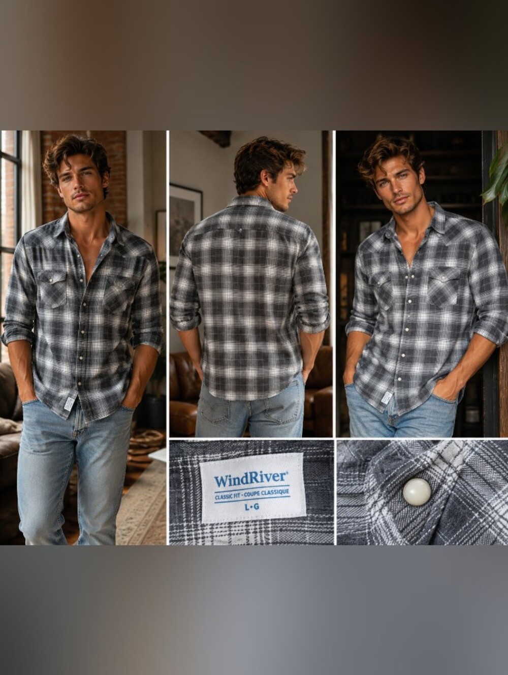 WindRiver Men’s Black & Gray Plaid Long-Sleeve Button-Down Shirt
